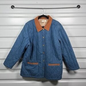 Talbots Quilted Denim Barn Chore Jacket Blue Corduroy Toile Lining Equestrian